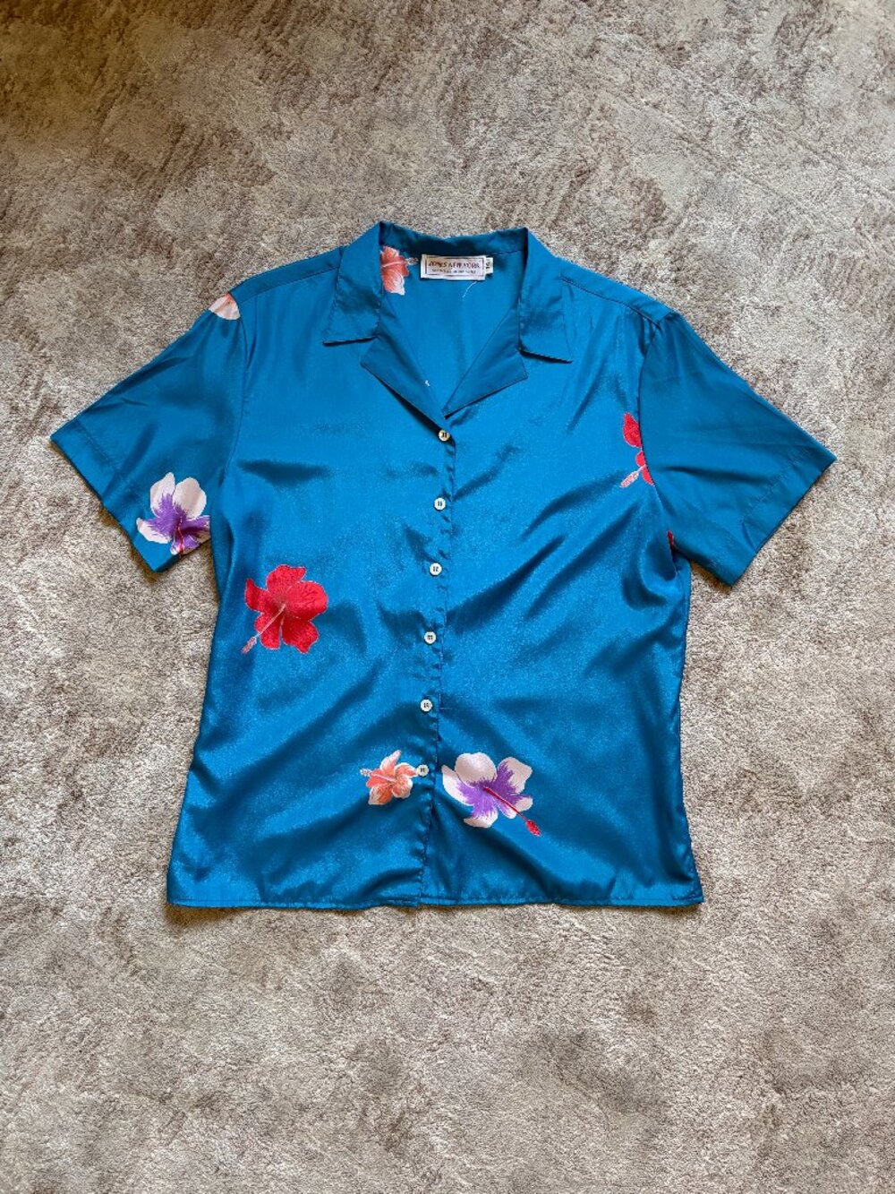 Vintage Jones New York Teal Blue Silk Floral Hibiscus Button Down Top | Size 14